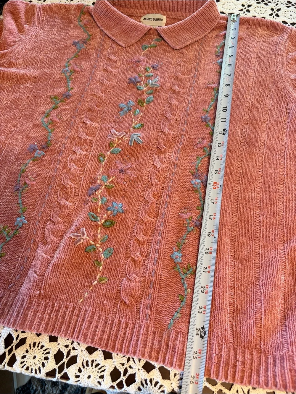 Alfred Dunner Rose Pink Cable-Knit Sweater with Floral Embroidery